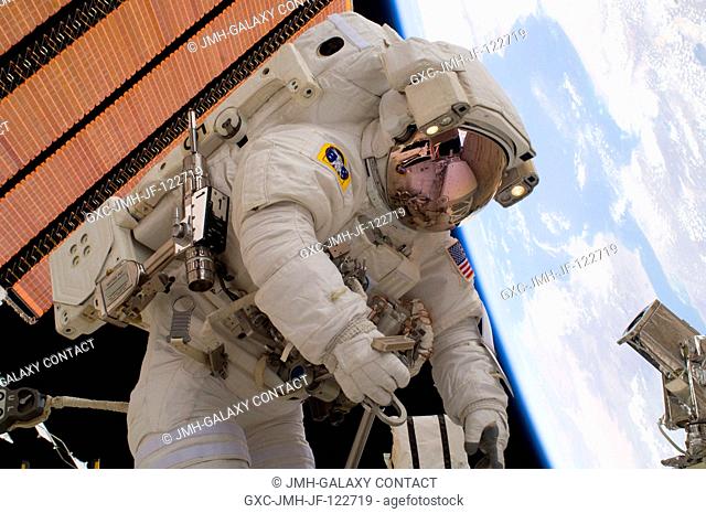 NASA astronaut Clayton Anderson, STS-131 mission specialist, participates in the mission's third and final session of extravehicular activity (EVA) as...