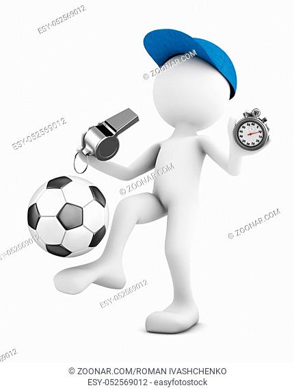 The man plays with a soccer ball and holds a whistle and a stopwatch. 3d rendering