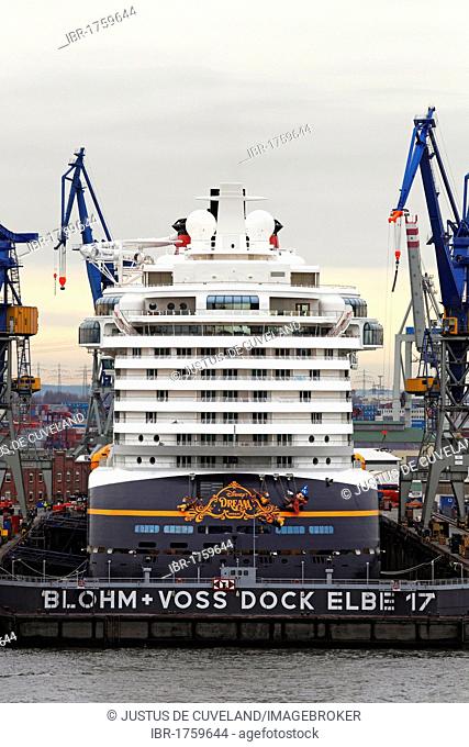 Ship, cruiser, big cruise liner Disney Dream in dock 17 in Hamburg harbour at river Elbe, Blohm and Voss shipyard in Hamburg, Germany, Europe