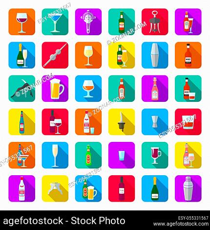 vector colorful flat design long shadows various alcohol bottles glasses and barmen equipment rounded square icon set isolated on white background