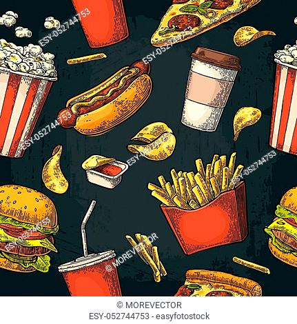 Seamless pattern fast food. Cup cola, coffee, chips, hamburger, pizza, hotdog, fry potato paper box, carton bucket popcorn