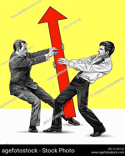 Two businessmen fighting over direction of arrow