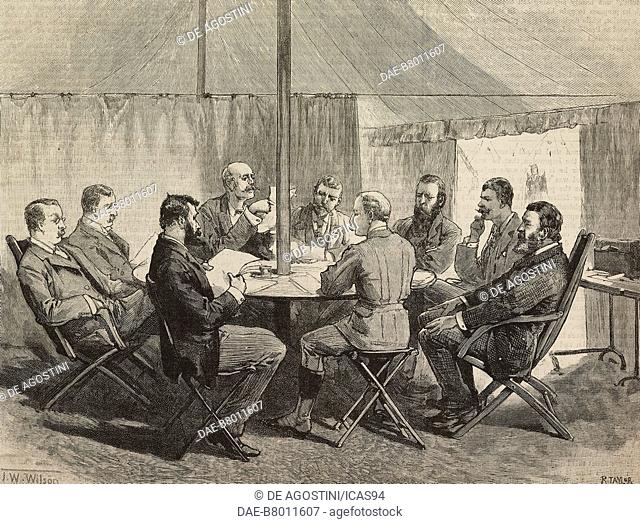 Sir De Winton, Mr T Shepstone, General Smit, Colonel Martin, Mr Van Alphen, Captain Baden-Powell and General Joubert, Meeting of the British and Transvaal...