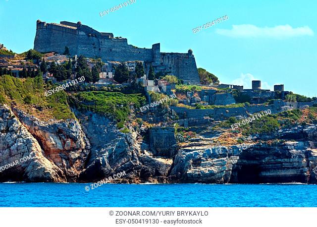 Beautiful medieval fisherman town of Portovenere (UNESCO Heritage Site) view from sea (near Cinque Terre, Liguria, Italy)