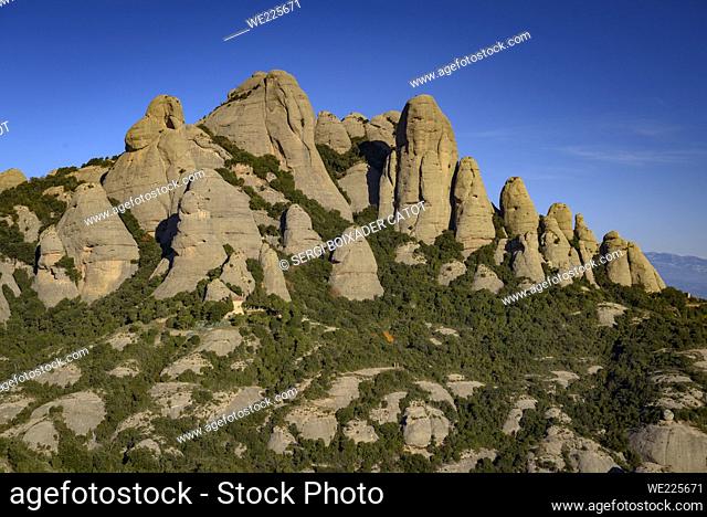 View of the rocks of l'Elefant (Elephant) and La Mòmia (Mummy) seen from the upper station of the Sant Joan funicular (Montserrat, Barcelona, Catalonia, Spain)