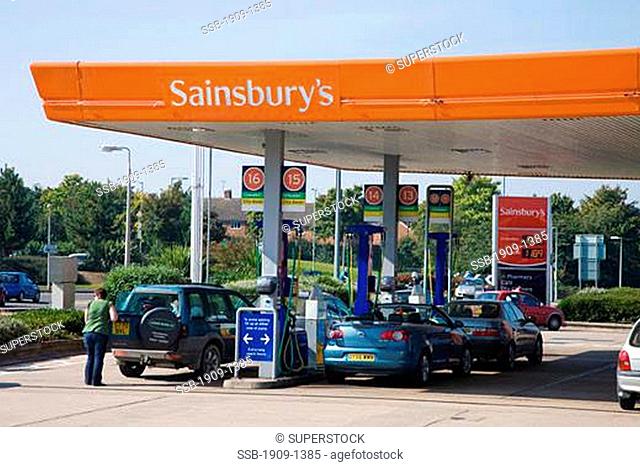 Sainsburys Petrol Station forecourt in Meole Brace Retail Park Shrewsbury Shropshire England UK United Kingdom GB Great Britain British Isles Europe EU