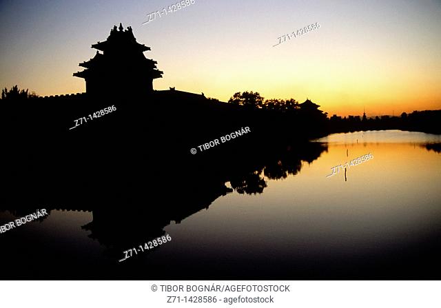 China, Beijing, Forbidden City, moat, sunset