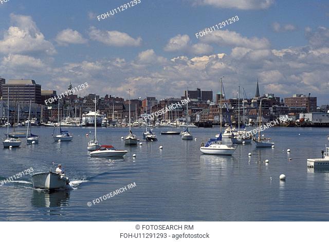 South Portland, ME, Maine, Boats buoyed in Portland Harbor on Casco Bay