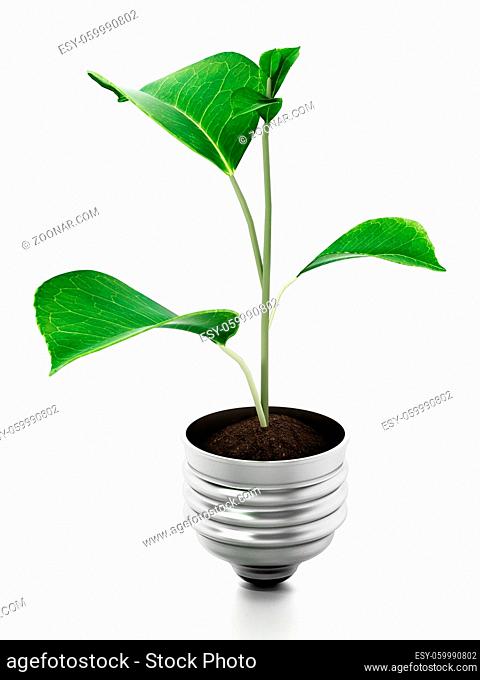 Leaf standing on top of the lightbulb base. 3D illustration