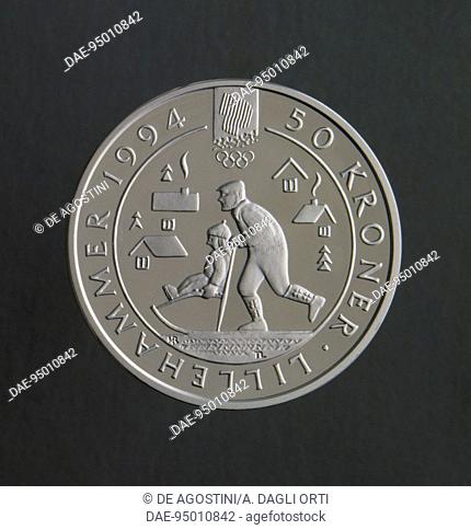 50 kroner silver coin commemorating the 1994 Winter Olympic Games in Lillehammer, issued in 1992, reverse. Norway, 20th century