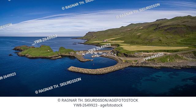 Aerial view of Bakkagerdi a small village in Borgarfjordur Eystri, Eastern, Iceland. This image is shot using a drone