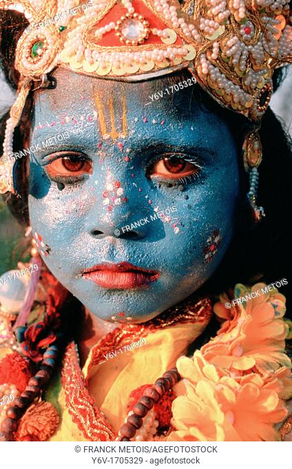 Boy dressed and made up as a hindu deity i e Shiva. Ujjain, India. He belongs to the Bahurupia community. Bahurupia are untouchables whose dharma is to dress as...
