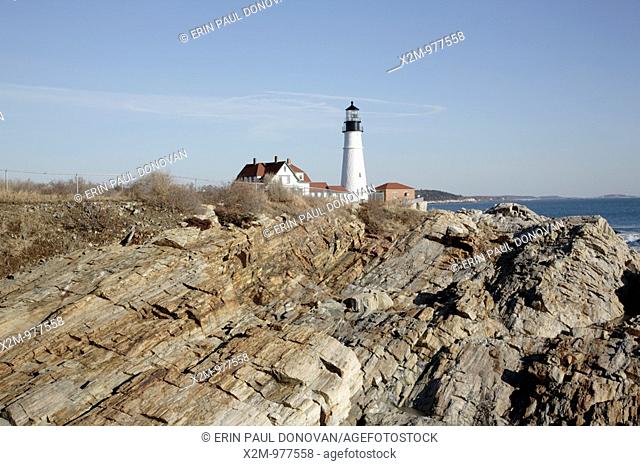 Portland Head Light at Fort Williams Park during the winter months  Located in Cape Elizabeth, Maine USA, which is part of the New England seacoast  Notes:...