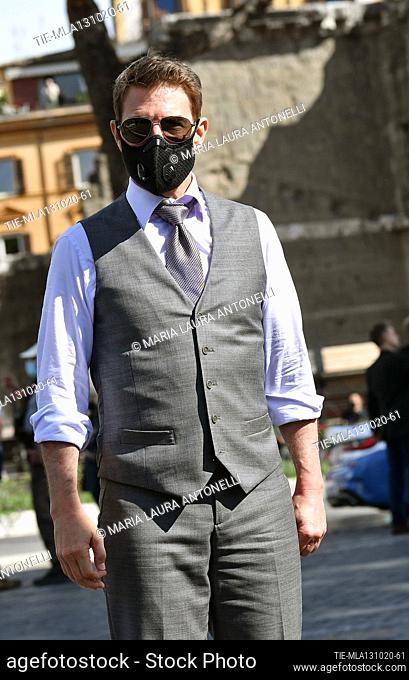 Tom Cruise with face mask during a break on the set of the movie 'Mission Impossible 7' in Via dei Fori Imperiali in Rome , ITALY-13-10-2020