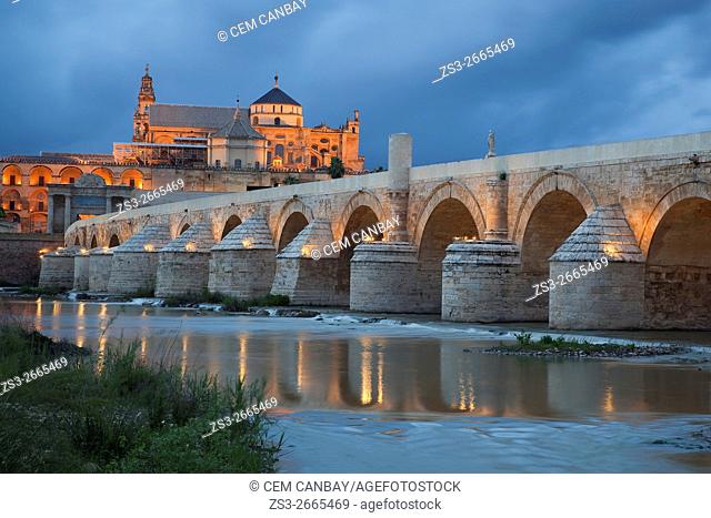View to the Guadalquivir river and Roman bridge with the cathedral at the background in historic centre of Cordoba, Andalucia, Spain, Europe