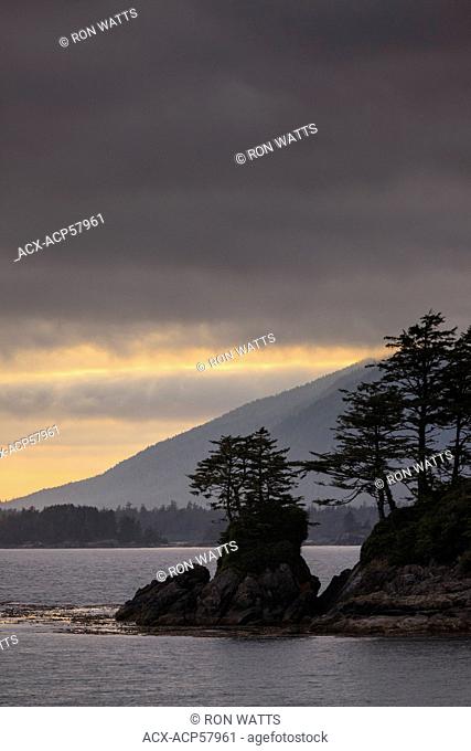 Evening light illuminates an islet off the shore of Flores Island in Clayoquot Sound British Columbia, Canada