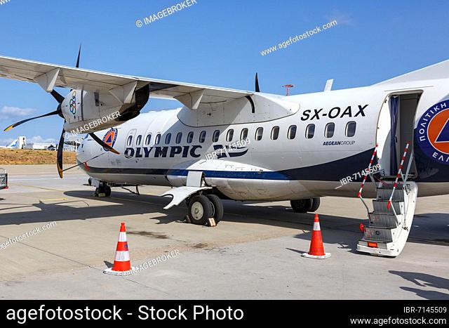 An Olympic Air ATR 42-600 aircraft with registration SX-OAX at the airport in Athens, Greece, Europe