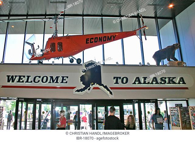 Welcome sign at the airport of Anchorage Alaska USA