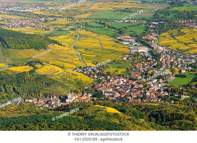 France, Bas Rhin 67, wines road, village of Andlau, vineyards in autumn aerial view
