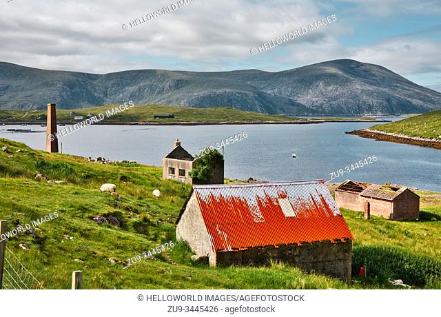 Remains of Bunavoneader Whaling Station on the shores of Loch A Siar (West Loch Tarbert), Isle of Harris, Outer Hebrides, Scotland