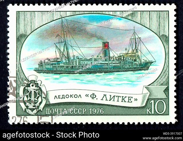 USSR - CIRCA 1976: Icebreaker Fyodor Litke imaged on Soviet postage stamp isolated on black. Old Soviet postage stamp dedicated to Soviet ships