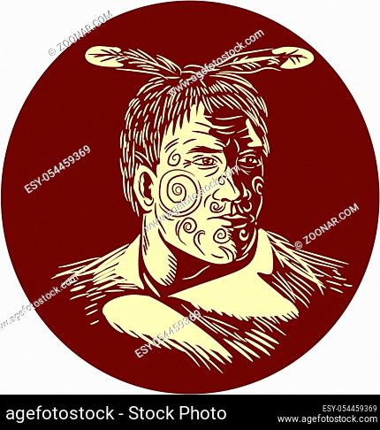 Illustration of bust of Maori chief warrior chieftain with tattoos on face and cape looking to the side viewed from the front set inside oval shape done in...
