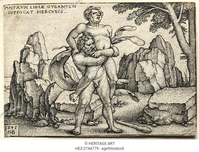 The Labors of Hercules: Hercules Crushing Antaeus, 1545. Creator: Hans Sebald Beham (German, 1500-1550)