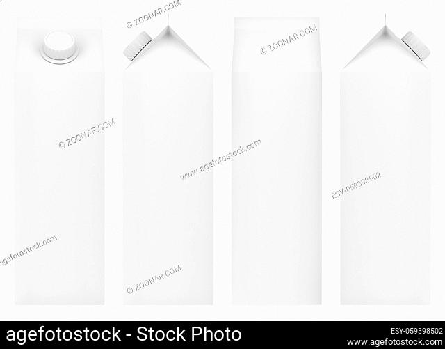 Blank packaging for milk, juice or other beverages. Front, back and side view