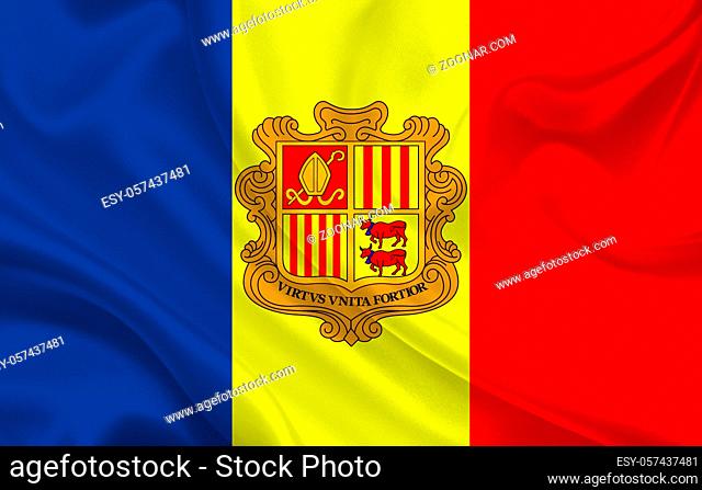 Andorra country flag on wavy silk fabric background panorama