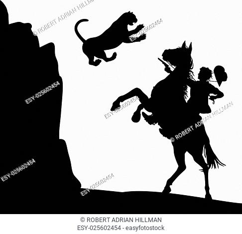 Editable vector illustration of a mountain lion jumping down at a cowboy on horseback