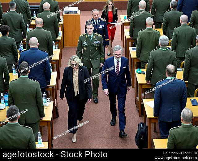 L-R Defence Minister Jana Cernochova, Chief-Of-Staff Karel Rehka and Prime Minister Petr Fiala attend the meeting of Czech military commanders to discuss...