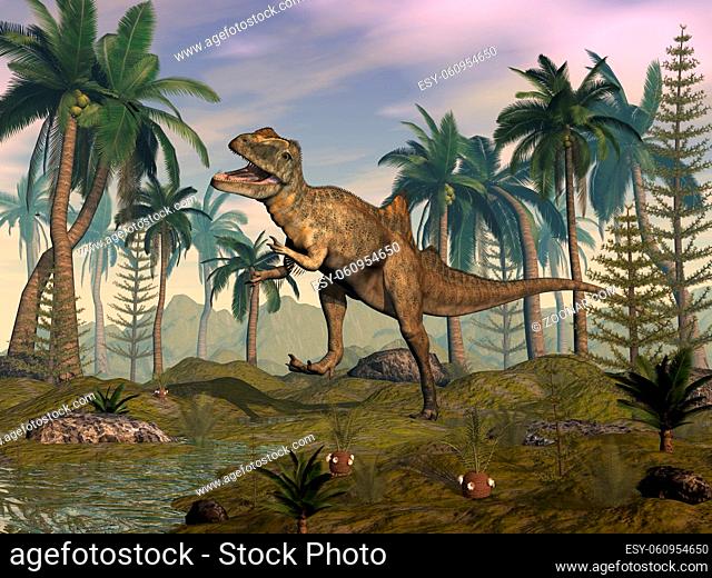 Concavenator dinosaur roaring in the desert with palmtrees by sunset - 3D render