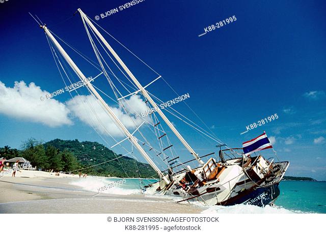 Stranded sailing boat. Ko Samui Island. South Thailand