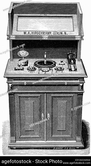 Large stationary apparatus for constant and induced current. Illustration of the 19th century. Germany. White background