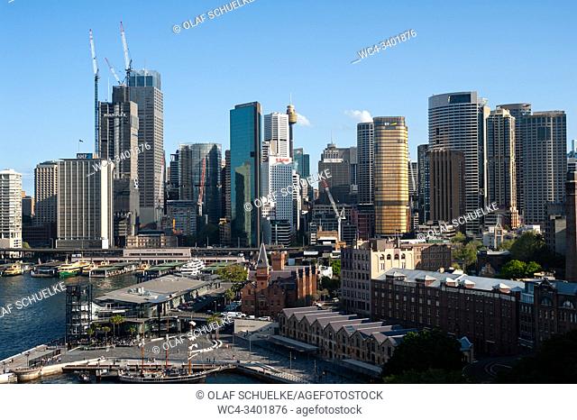 Sydney, New South Wales, Australia - Elevated city view from the Harbour Bridge of the city skyline in the central business district and The Rocks district in...