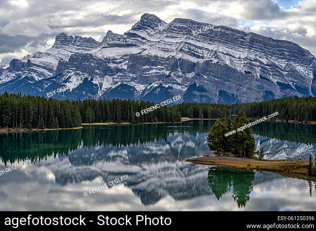 The reflecting Mount Rundle and Two Jack Lake in the Banff National Park, Alberta, Canada