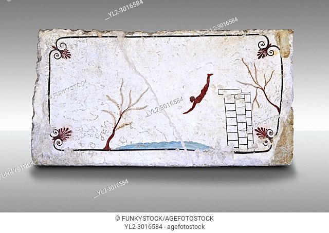 Greek Fresco on the inside of Tomb of the Diver [La Tomba del Truffatore]. This panel is from the lid of the tomb and shows a diving from a column into water