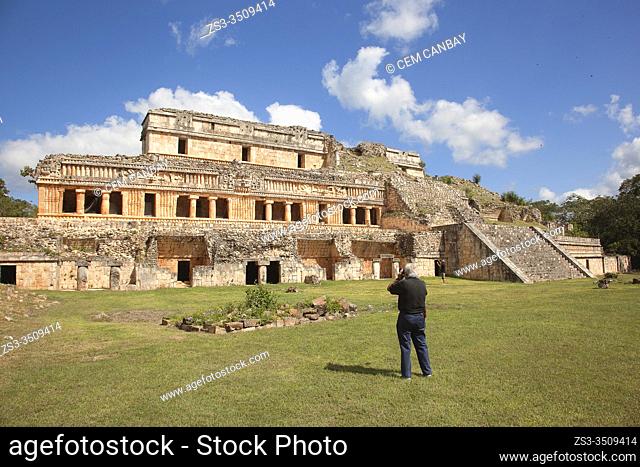 View to the Great Palace- Palacio Norte in Mayan Archaeological Site Sayil at the Puuc Route, Yucatan Province, Mexico, Central America