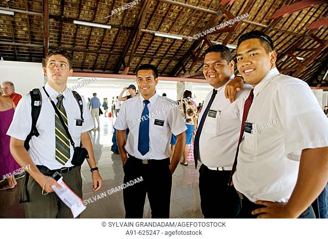 Stopover in Rangiroa atoll. Local mormons with an american missionnary at airport. Cruise on Aranui III, cargo and passenger vessel