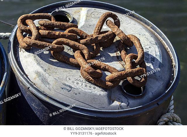 Rusty chain links at Community Dock/Wharf in Port Renfrew, Vancouver Island, British Columbia, Canada