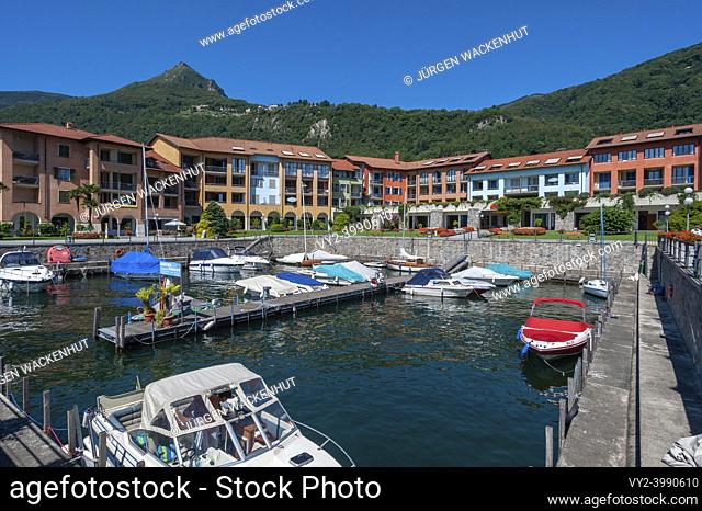 Boat harbor and holiday resort on the shore of Lake Maggiore, Cannero Riviera, Piedmont, Italy, Europe