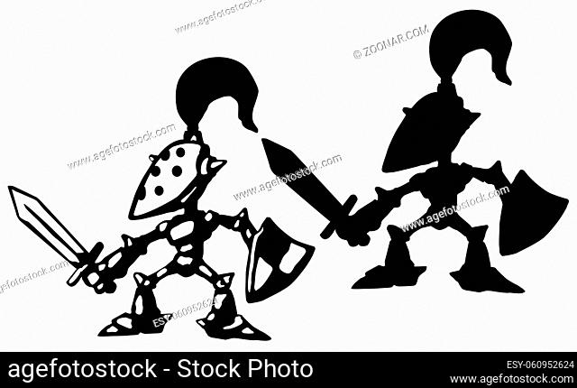 Little knight cartoon character black silhouette, vector illustration, horizontal, isolated, over white