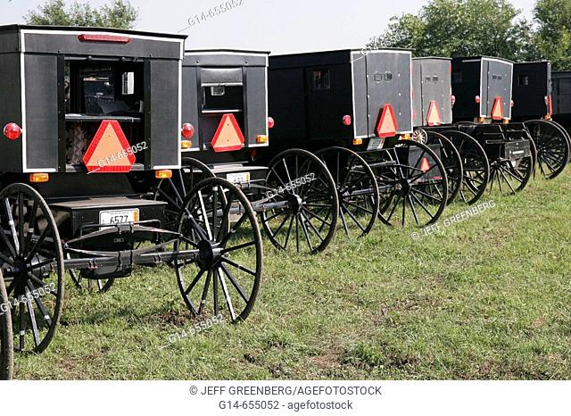 Farm auction, parked horse-drawn Amish buggy. Shipshewana. Indiana. USA