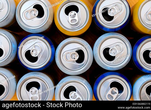 top down view of many different color aluminium beer cans