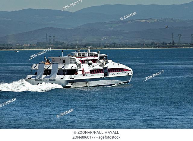 Ferry boat Toremar on the Mediterranean Ocean near Elba, Tuscany Italy