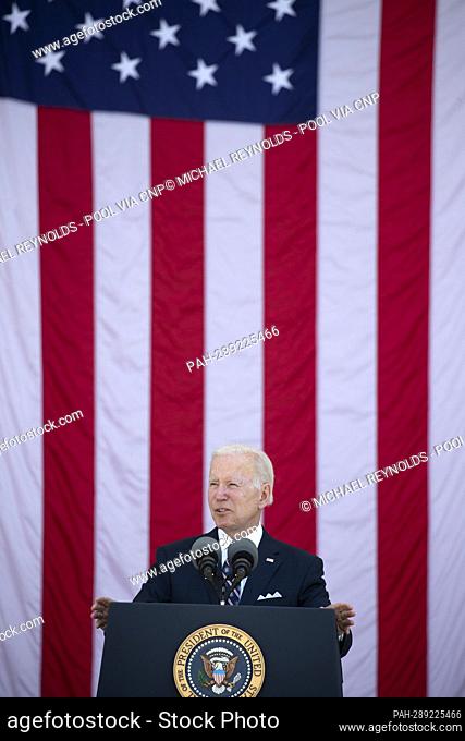 US President Joe Biden delivers an address at the 154th National Memorial Day Observance at Memorial Amphitheater at Arlington National Cemetery, in Arlington