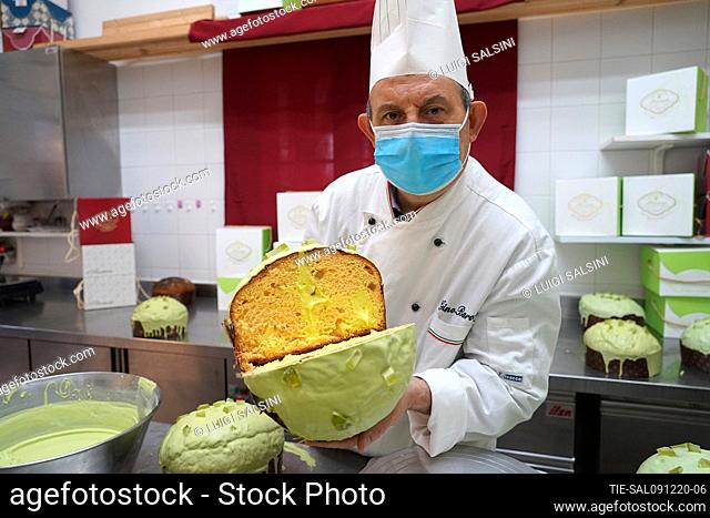 The master pastry chef Luigi Barone shows the panettone. The well-known pastry shop Aronne of Marcellina has already made the artisanal cedar panettone