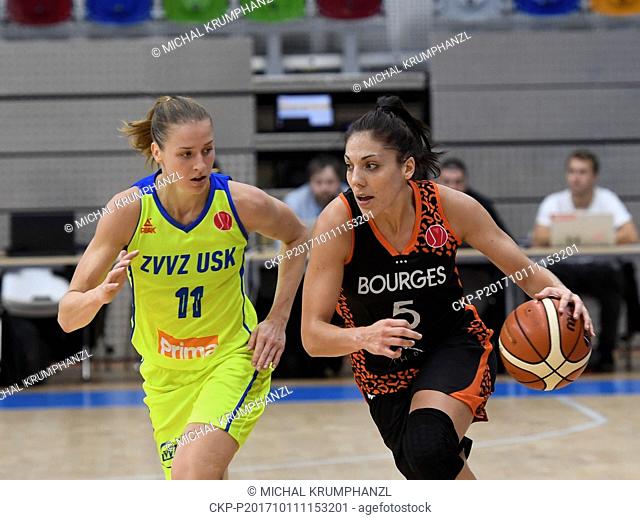 From left KATERINA ELHOTOVA of ZVVZ USK Praha and CRISTINA OUVINA of Bourges in action during the Women's European Basketball League 1st round group A game:...