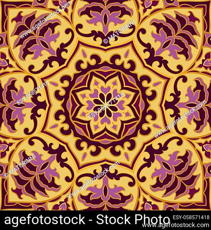 Floral indian pattern with mandala. Lilac and beige Vector beautiful background. Color template for textile, carpet, shawl