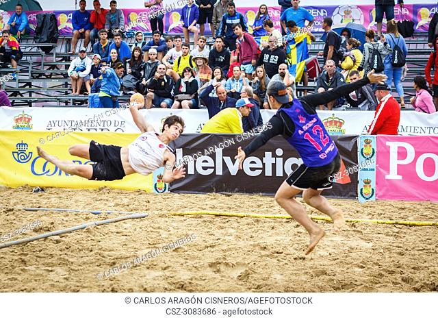 LAREDO, SPAIN - JULY 31: Unidentified, BM Playa Mar Menor, player launches to goal in the Spain handball Championship celebrated in Laredo in July 31